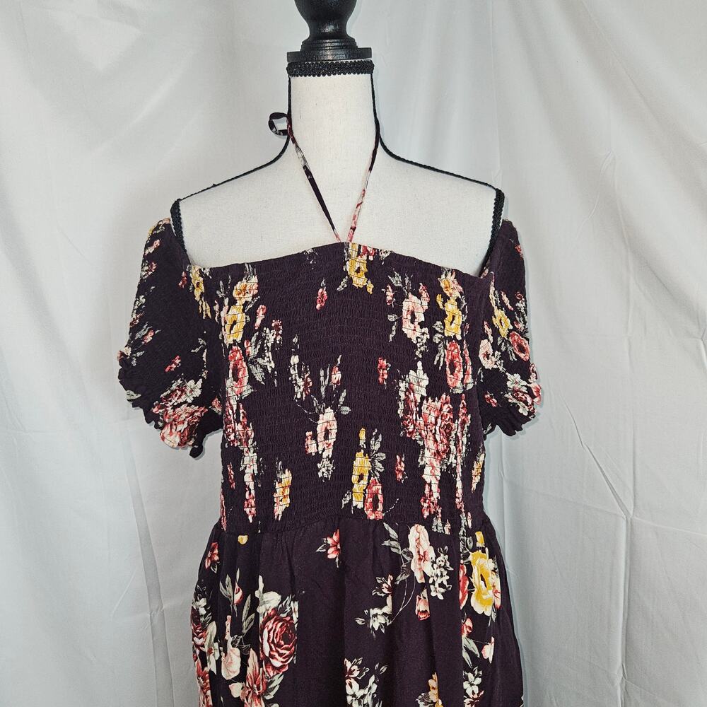 Torrid Dress Women's 4 (4X) Purple Floral Off Shoulder Smocked Halter Boho Mini - Picture 2 of 13